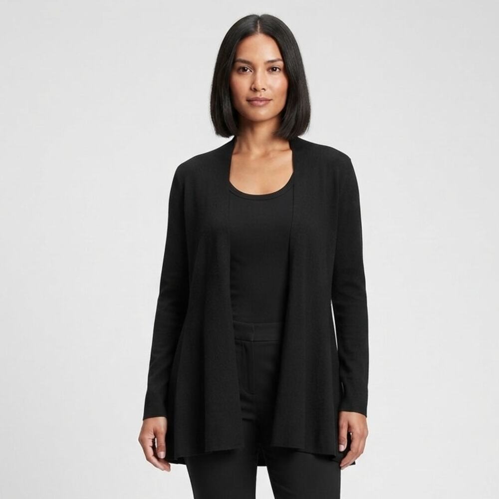 Eileen Fisher Shrug Cardigan Sweater Women's M Black Knit Linen Blend Open Front